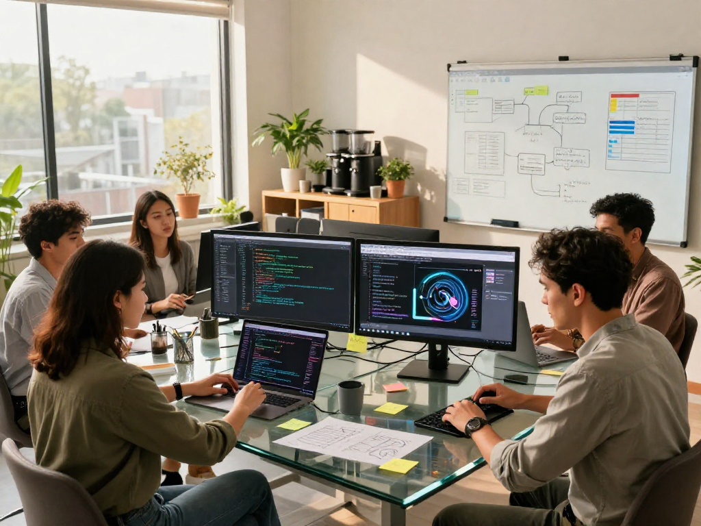 Dynamic tech team collaborating on juicy ai development in a modern workspace.