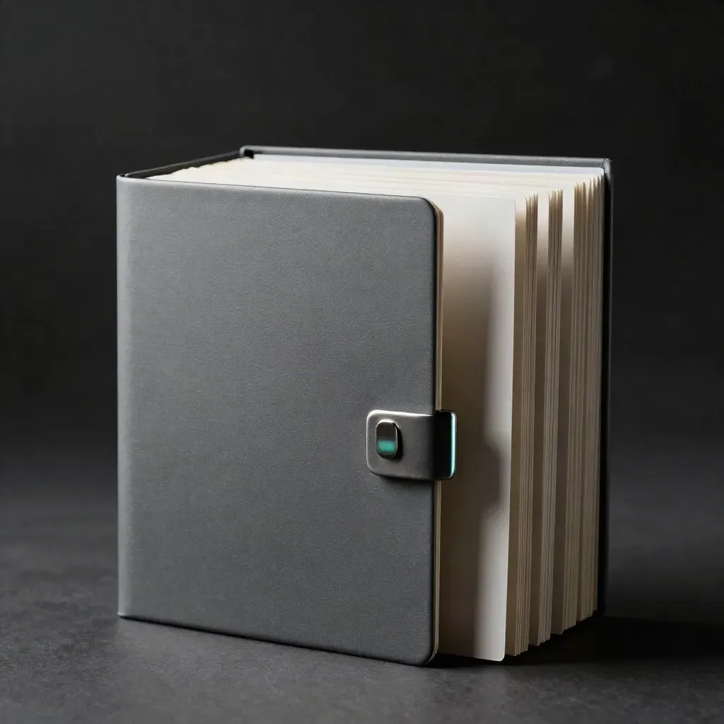 Floating audit dossier with blank inserts and teal-tinted metal clips in a dark studio void.