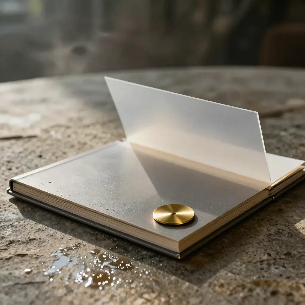 Slate planning folio opening on wet stone with brass disc and misty light.