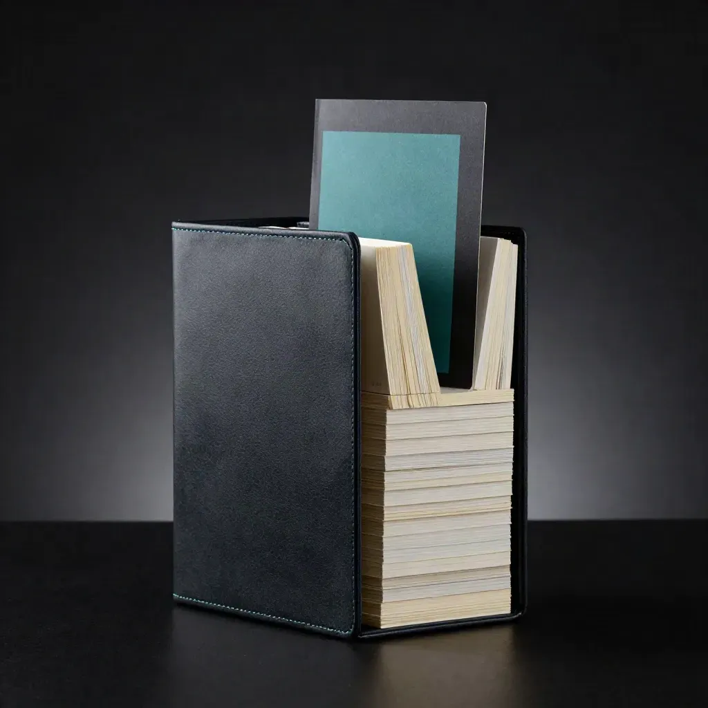Vertical COO support binder with tabs, logbook and note cards on a black studio surface