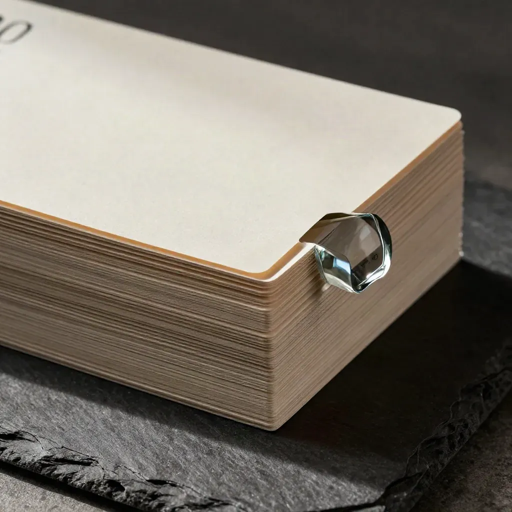 Close-up of blank review cards, glass paperweight and dark sleeve on slate