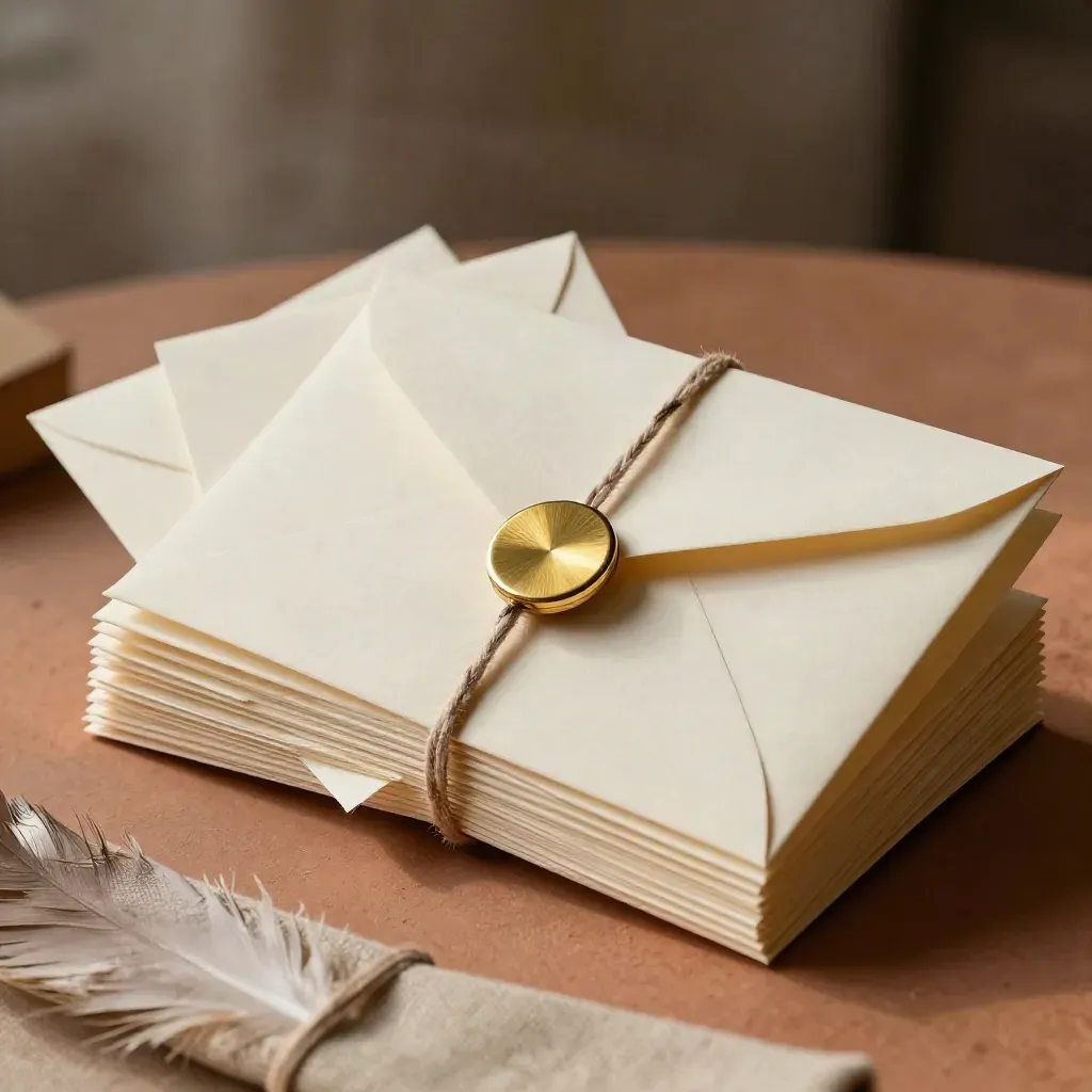 Macro of a terracotta outreach pack with blank envelopes, folded cards, string tie and gold seal.