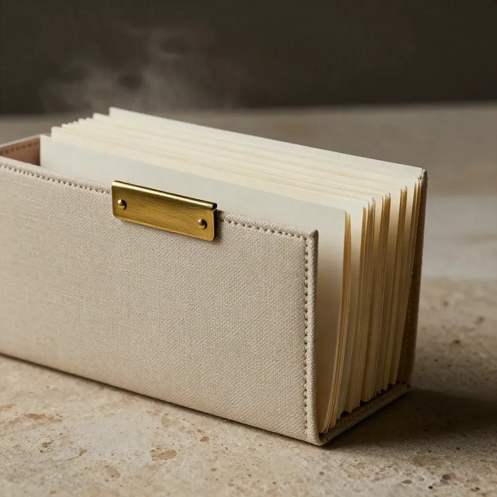 Fabric dossier sleeve partly open with tabbed inserts and brass clip on travertine.