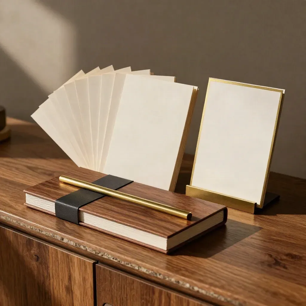 Sales script review kit with blank cue cards, folded folio and brass bar on a walnut surface.