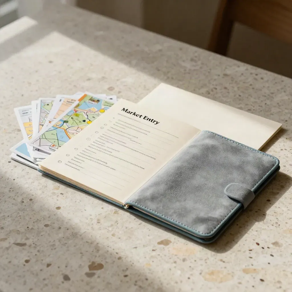 Passport-style checklist kit, folded map cards and pouch on a travertine table in soft daylight.