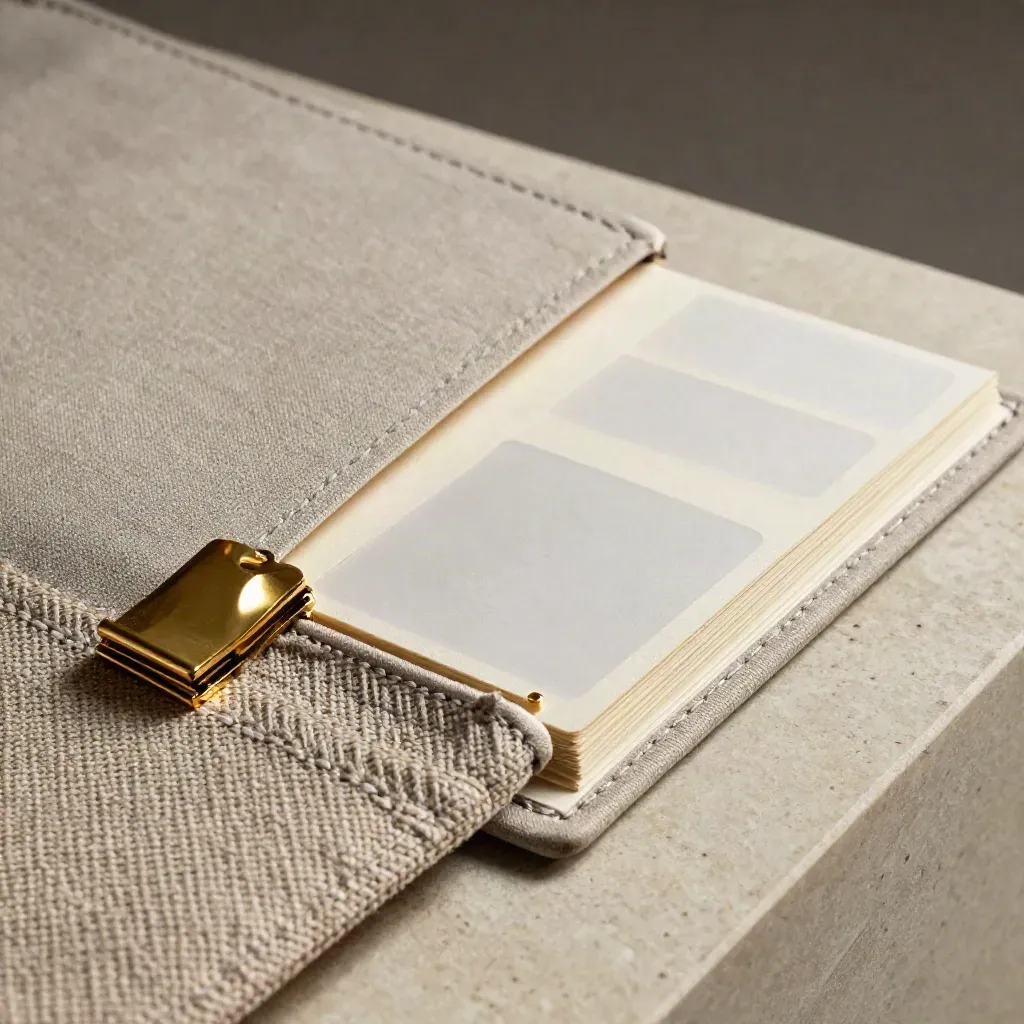 Close-up of a handover kit with folder, inserts and pouch in warm stone and brass tones.