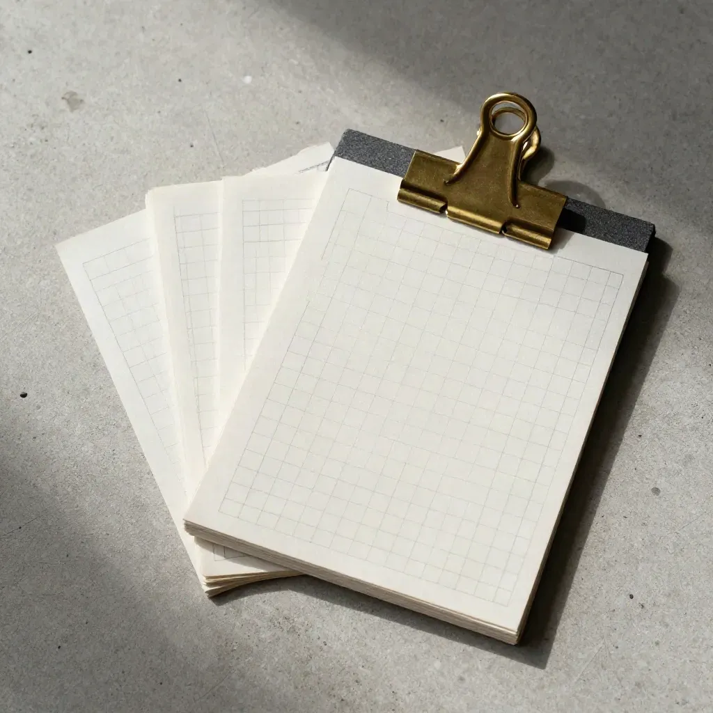 Overhead ops scorecard pack with grid cards, brass clip and graphite block on concrete.