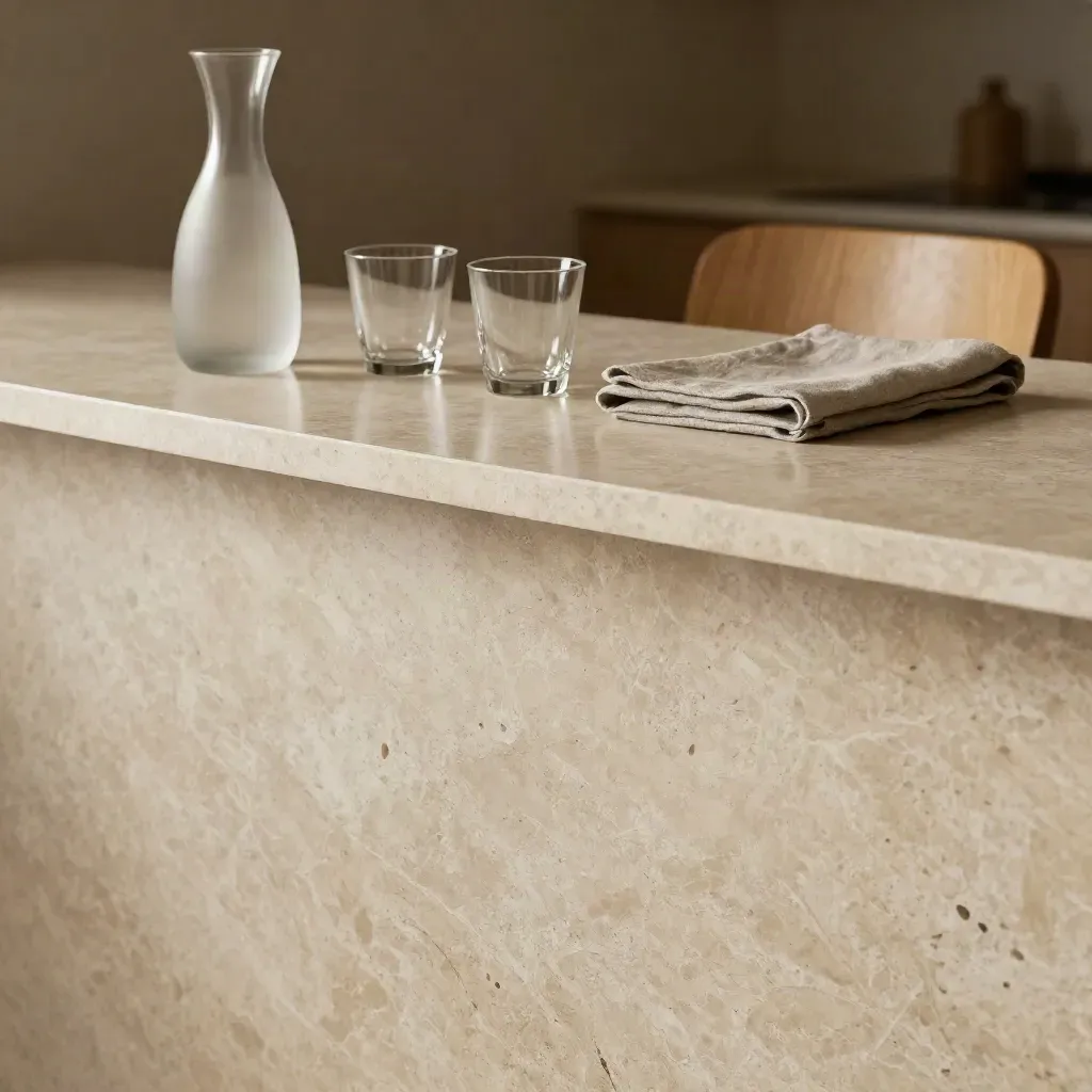 Travertine meeting ledge with glass tumblers, linen portfolio, and blurred chairs in soft light.
