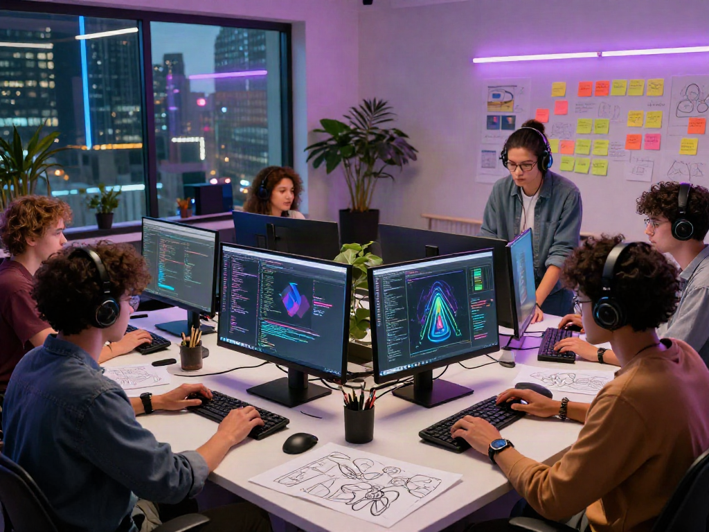 Team collaborating on AI NSFW project in vibrant digital studio with modern tech.